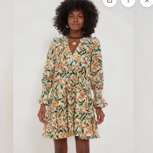 Tuckernuck Cream Floral Long-Sleeve Tiered Dress with Orange and Green Print
